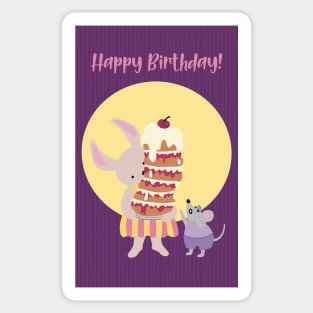 Happy Birthday card, greeting card, with a rabbit holding a high cake that almost will fall Sticker